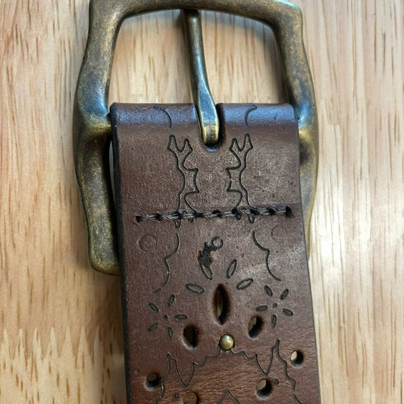 Laser Cut Leather Western Boho Belt Gold Studs Women L Brown Made in USA main image 4